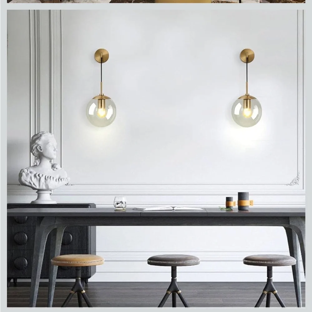 NIB Modern Wall Sconce Fixture Set of 2 Gold Adjustable Cord Brass Round Glass